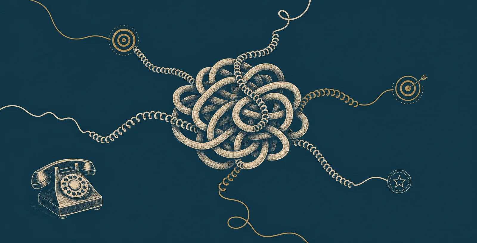 Tangled telephone cord knot with lines branching to disparate targets — illustrating attribution chaos